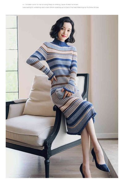 2021 sheath elegant striped autumn winter vintage slim sweater es o-neck women knitted female midi robe, Black;gray
2021 sheath elegant striped autumn winter vintage slim sweater es o-neck women knitted female midi robe, Black;gray