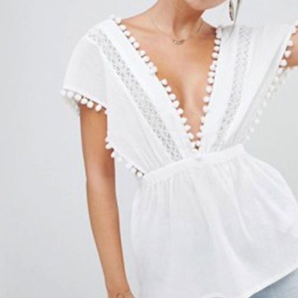 women's t-shirt ladies casual short sleeve pullover women summer solid color v neck lace stitching hollow backless, White 
women's t-shirt ladies casual short sleeve pullover women summer solid color v neck lace stitching hollow backless, White