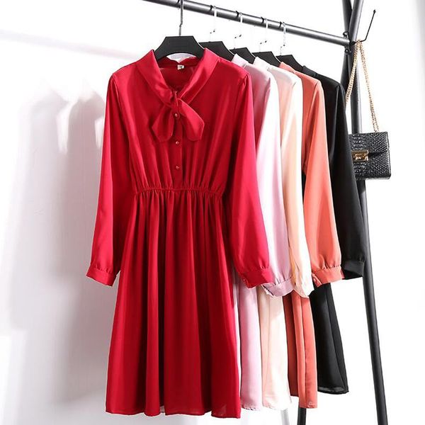 casual dresses women chiffon dress 2021 spring vintage solid bow collar long sleeve vestidos single-breasted high waist a-line, Black;gray
casual dresses women chiffon dress 2021 spring vintage solid bow collar long sleeve vestidos single-breasted high waist a-line, Black;gray