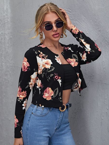 floral print open front jacket b2xl#, Black;brown