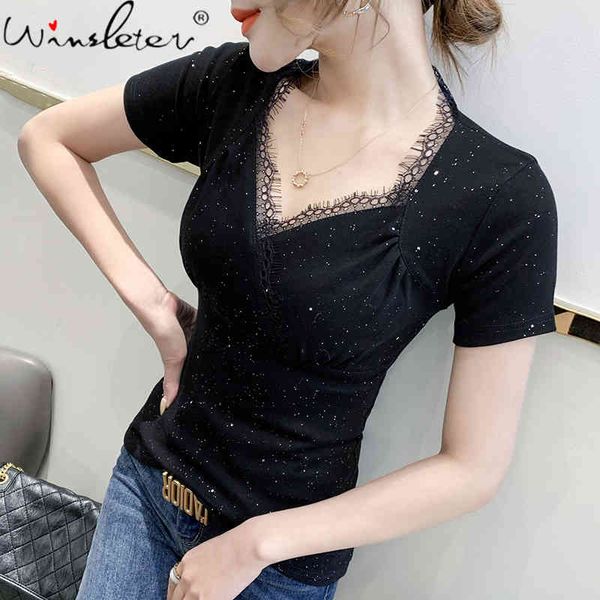 women's t-shirt summer korean style cotton girls chic v-neck patchwork lace shiny women short sleeve black tees 2021 t13, White
women's t-shirt summer korean style cotton girls chic v-neck patchwork lace shiny women short sleeve black tees 2021 t13, White