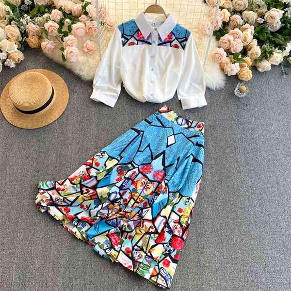 european american spring fashion temperament lapel shirt female high waist slim pop print skirt set c610 210506, White
european american spring fashion temperament lapel shirt female high waist slim pop print skirt set c610 210506, White