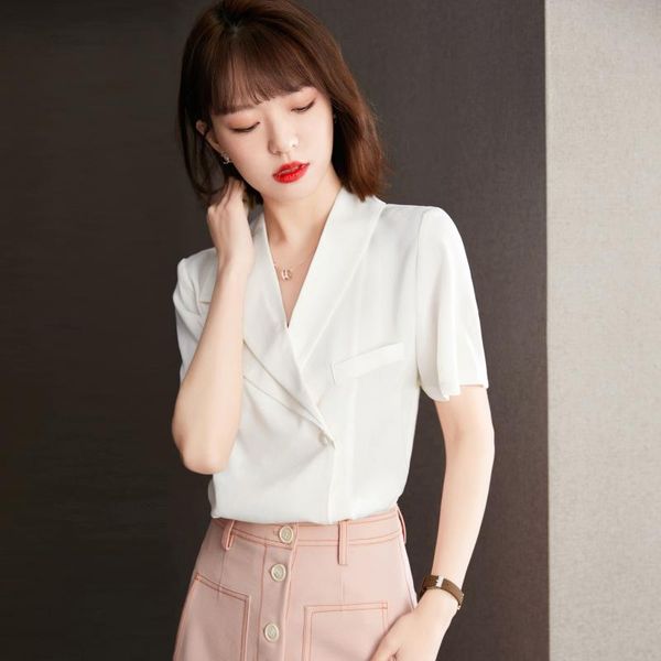 women's 2021 summer style v-neck short-sleeved chiffon shirt design sense fashion niche france t-shirt, White
women's 2021 summer style v-neck short-sleeved chiffon shirt design sense fashion niche france t-shirt, White