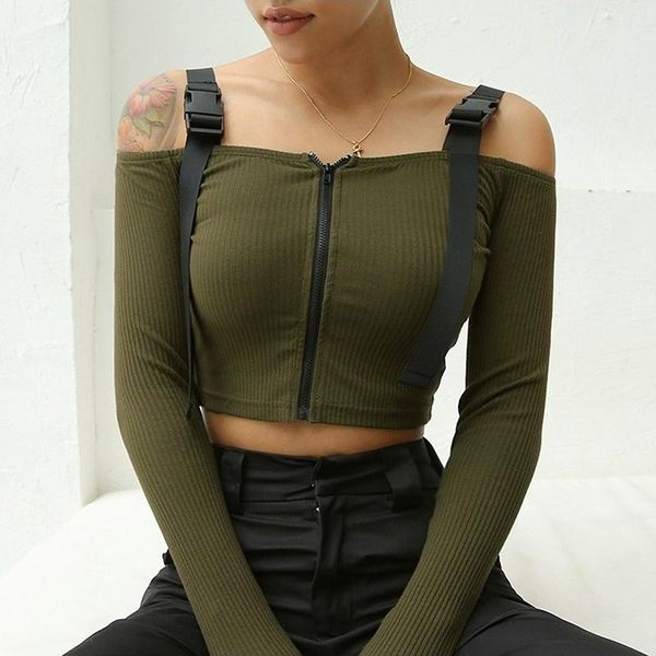 women's t-shirt fashion lady slash neck punk style strap long-sleeved short zipper suspenders spring summer female, White
women's t-shirt fashion lady slash neck punk style strap long-sleeved short zipper suspenders spring summer female, White