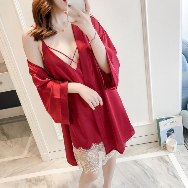 pyjamas spring and summer lace nightdress robe twinset ice silk bathrobe fashion pijama for women o1g8, Black;white
pyjamas spring and summer lace nightdress robe twinset ice silk bathrobe fashion pijama for women o1g8, Black;white