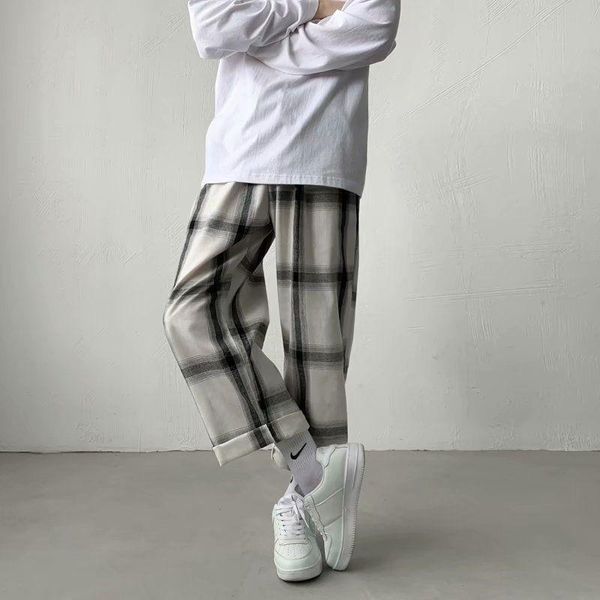 men casual pants retro plaid wide leg loose elastic waist ankle length straight korean style male ins chic all-match streetwear men's, Black
men casual pants retro plaid wide leg loose elastic waist ankle length straight korean style male ins chic all-match streetwear men's, Black