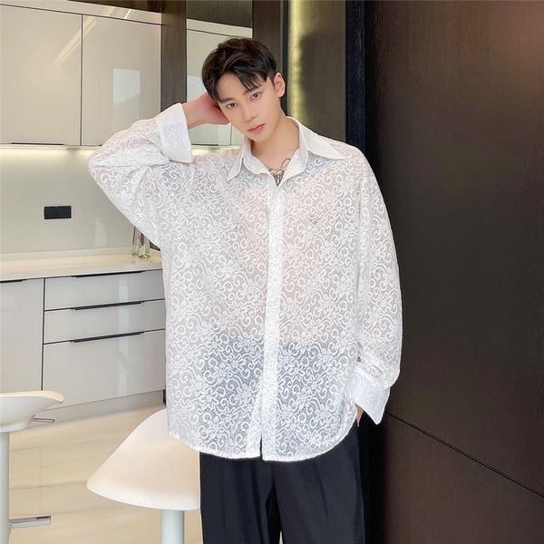 male streetwear translucent thin dress shirt men's jacquard lace long sleeve loose casual korean style clothing shirts, White;black
male streetwear translucent thin dress shirt men's jacquard lace long sleeve loose casual korean style clothing shirts, White;black