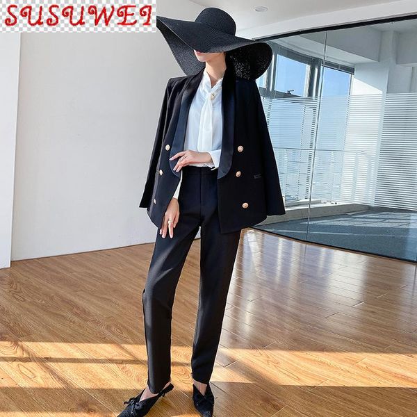 women's plus size professional pants suit two-piece autumn and winter double breasted ladies jacket casual trousers two piece, White
women's plus size professional pants suit two-piece autumn and winter double breasted ladies jacket casual trousers two piece, White