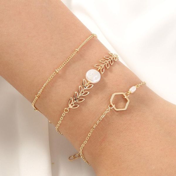link, chain selling fashion jewelry accessories leaf geometric shape pearl metal plated bracelets set for women, Black
link, chain selling fashion jewelry accessories leaf geometric shape pearl metal plated bracelets set for women, Black