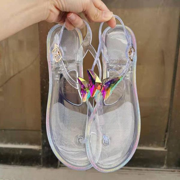 sandals 2021 woman summer beach transparentflat sandal butterfly crystal shiny diamonds fashion ladies shoes big size 36-42, Black