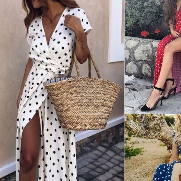 women romper summer beach party deep v polka dot slits short sleeve maxi dress chic vintage, Black;white
women romper summer beach party deep v polka dot slits short sleeve maxi dress chic vintage, Black;white