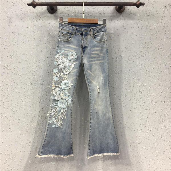 women's jeans nine points burrs flares fund cargo embroidery stereoscopic flower decoration stretch tight, Blue
women's jeans nine points burrs flares fund cargo embroidery stereoscopic flower decoration stretch tight, Blue