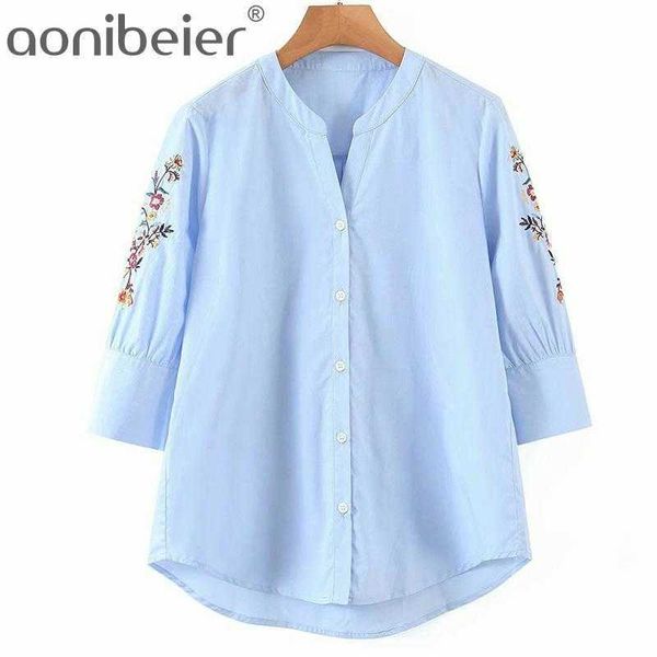 light blue embroidered three quarter sleeve women casual shirts vintage za summer thin ladies blouse female shirt 210604, White
light blue embroidered three quarter sleeve women casual shirts vintage za summer thin ladies blouse female shirt 210604, White