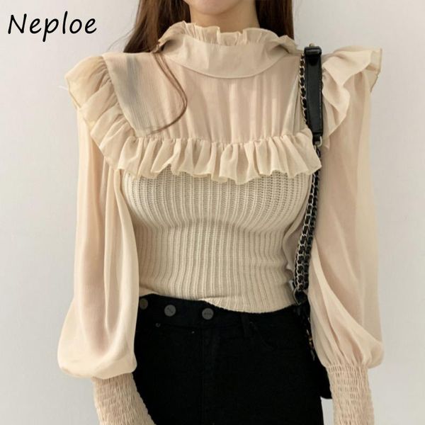 women's blouses & shirts neploe autumn elegant woman half high collar ruffle blusas slim lantern sleeves knitted chiffon stitching shir, White
women's blouses & shirts neploe autumn elegant woman half high collar ruffle blusas slim lantern sleeves knitted chiffon stitching shir, White