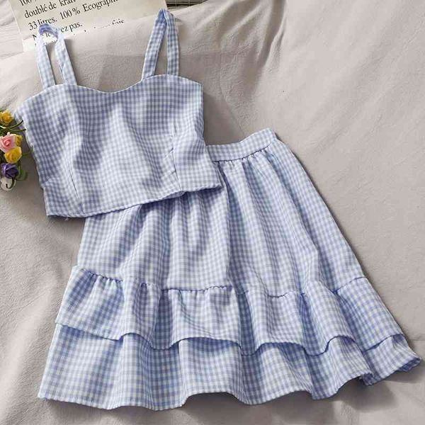 two piece dress fashion ruffles casual skirt suit women's short umbilical plaid camisole high waist ruffled half-length skirt sets, White
two piece dress fashion ruffles casual skirt suit women's short umbilical plaid camisole high waist ruffled half-length skirt sets, White