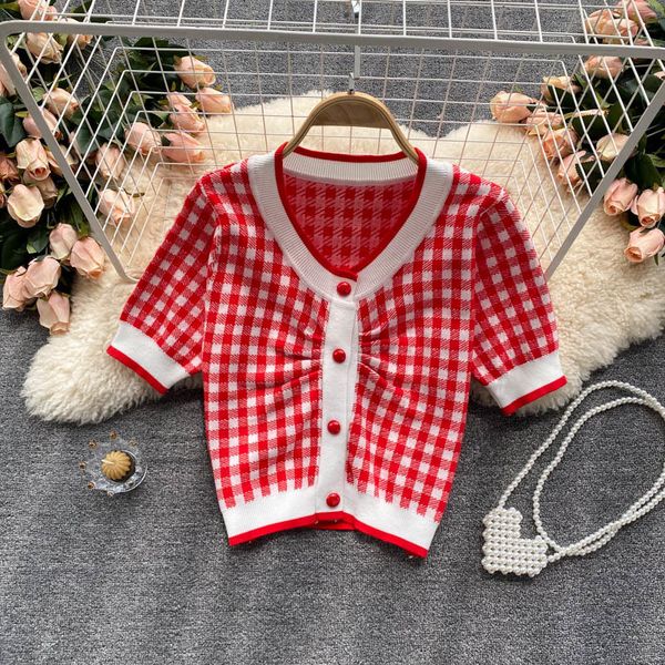women's knits & tees women fashion korean vintage classic plaid color round collar slimmed-down knitted cardigan short-sleeved swe, White
women's knits & tees women fashion korean vintage classic plaid color round collar slimmed-down knitted cardigan short-sleeved swe, White