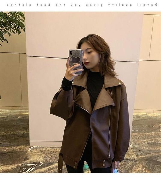 women's leather & faux spring and autumn 2021 loose korean versatile small clothes short brown locomotive long sleeve jacket, Black
