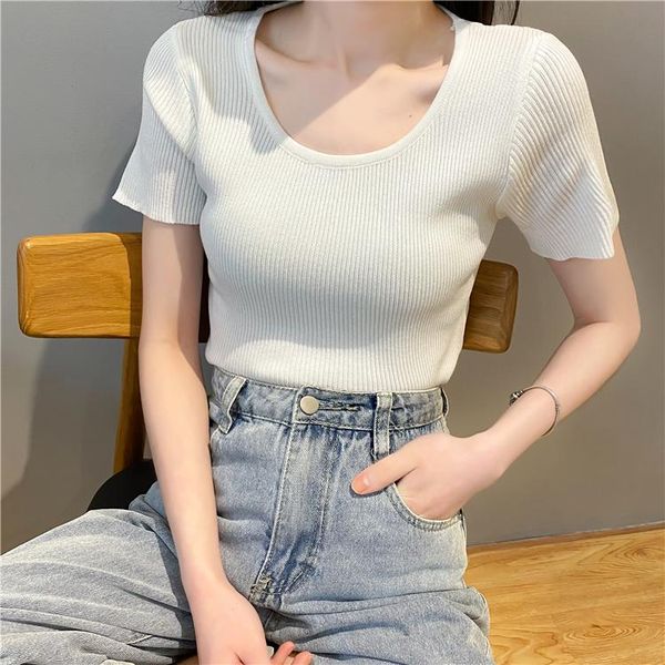 women's summer short-sleeved t-shirt 2021 fashion big neckline stretch slim casual simple style 11 colors, White
women's summer short-sleeved t-shirt 2021 fashion big neckline stretch slim casual simple style 11 colors, White