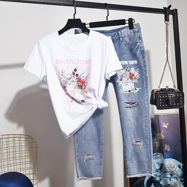 two piece dress summer set women beading flowers print t-shirt holes denim pants outfits short sleeve o-neck t shirt jeans 2pc female, White
two piece dress summer set women beading flowers print t-shirt holes denim pants outfits short sleeve o-neck t shirt jeans 2pc female, White
