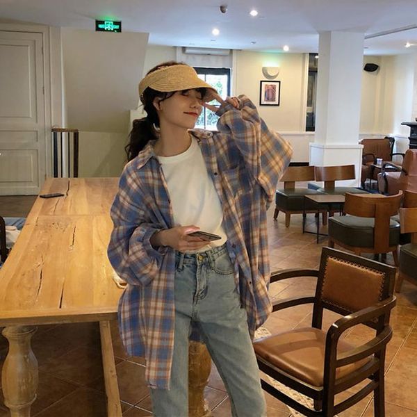women's blouses & shirts oversized blouse women loose plaid turn-down collar female pocket autumn streetwear, White
women's blouses & shirts oversized blouse women loose plaid turn-down collar female pocket autumn streetwear, White