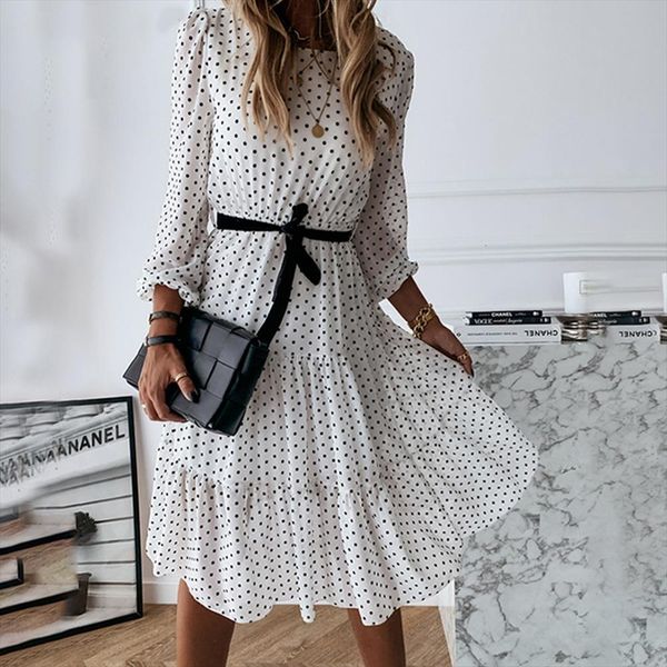 casual white polka dot women dresses o neck lantern sleeve belt elastic waist ruffles a line holiday, Black;gray
casual white polka dot women dresses o neck lantern sleeve belt elastic waist ruffles a line holiday, Black;gray