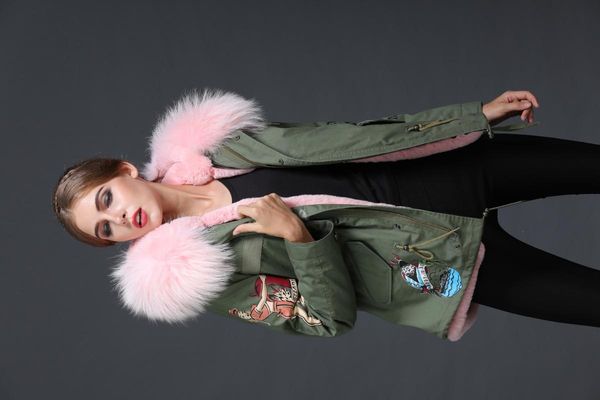 women's fur & faux cute pink lined parka girls short coat lining overcoat big raccoon collar with cartoon printing, Black
women's fur & faux cute pink lined parka girls short coat lining overcoat big raccoon collar with cartoon printing, Black