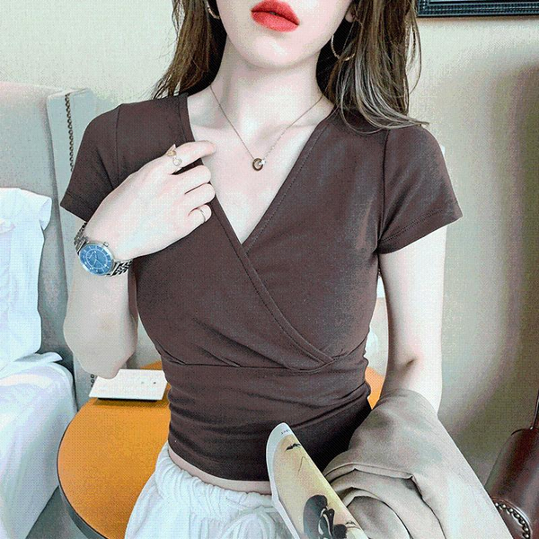 summer short sleeve cross tshirt cotton women korean t-shirt women's tees deep v-neck green coffee, White
summer short sleeve cross tshirt cotton women korean t-shirt women's tees deep v-neck green coffee, White