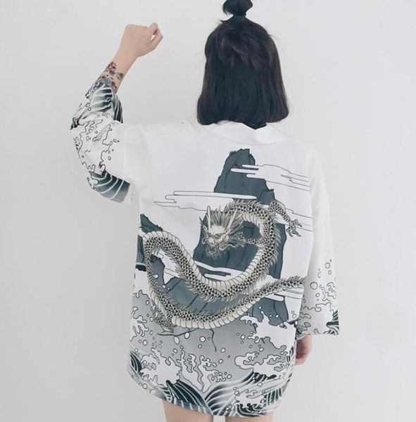 women's blouses & shirts japanese style waves and wind dragon kimono print chiffon cardigan summer sun shirt, White
women's blouses & shirts japanese style waves and wind dragon kimono print chiffon cardigan summer sun shirt, White