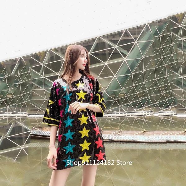 women's t-shirt ins super sparkling color five-pointed star short-sleeved loose mid-length 2021 summer korean style top, White
women's t-shirt ins super sparkling color five-pointed star short-sleeved loose mid-length 2021 summer korean style top, White