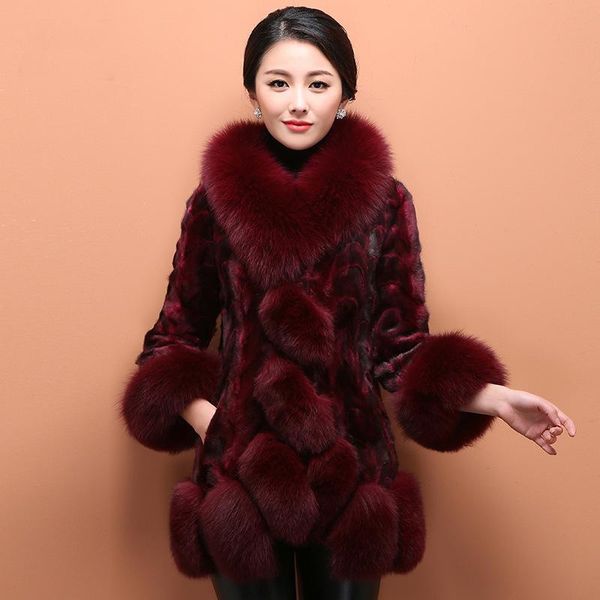 women's fur & faux burgundy real mink splicing coat autumn thick warm medium long double-faced jacket for women, Black
women's fur & faux burgundy real mink splicing coat autumn thick warm medium long double-faced jacket for women, Black