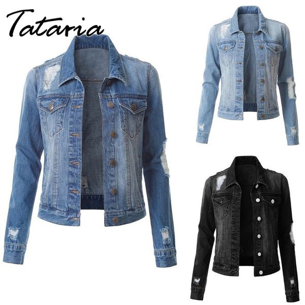 women's short denim jacket casual loose plus size spring jeans coats ripped holes women vintage bomber coat 210514, Black;brown
women's short denim jacket casual loose plus size spring jeans coats ripped holes women vintage bomber coat 210514, Black;brown