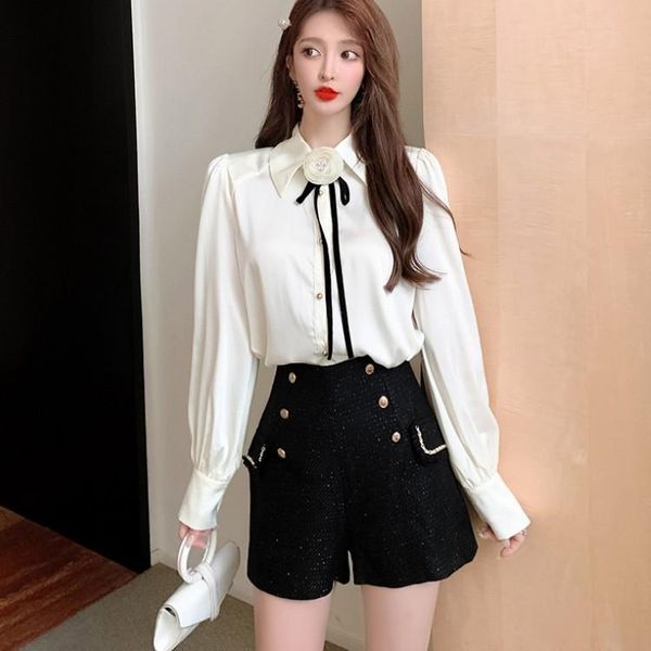 women's tracksuits elegant sweet bow pearl chiffon white puff sleeve blouse shirt+ black tweed shorts 2 piece set for women fashion out, Gray
women's tracksuits elegant sweet bow pearl chiffon white puff sleeve blouse shirt+ black tweed shorts 2 piece set for women fashion out, Gray