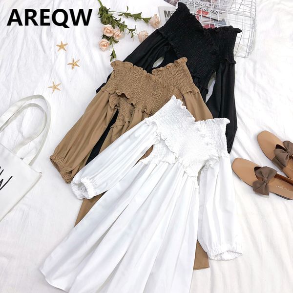 spring and summer one-line collar off-shoulder high-waisted a-line temperament solid color puff sleeve dress 210507, Black;gray 
spring and summer one-line collar off-shoulder high-waisted a-line temperament solid color puff sleeve dress 210507, Black;gray