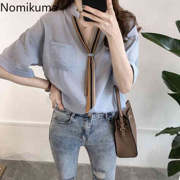 nomikuma v neck short sleeve blouse women tie lace up oversized shirts female summer arrival blusas mujer 3a286 210514, White 
nomikuma v neck short sleeve blouse women tie lace up oversized shirts female summer arrival blusas mujer 3a286 210514, White