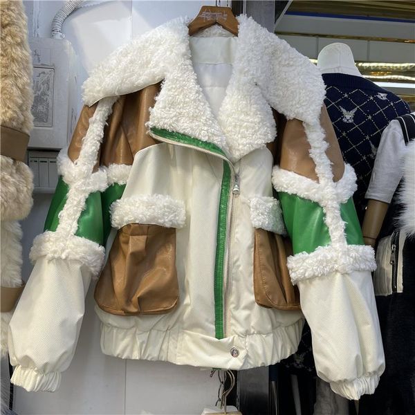 women's down & parkas winter women fake wool fur contrast patchwork faux pu leather jacket loose casual long sleeve warm cotton mujeres, Black
women's down & parkas winter women fake wool fur contrast patchwork faux pu leather jacket loose casual long sleeve warm cotton mujeres, Black