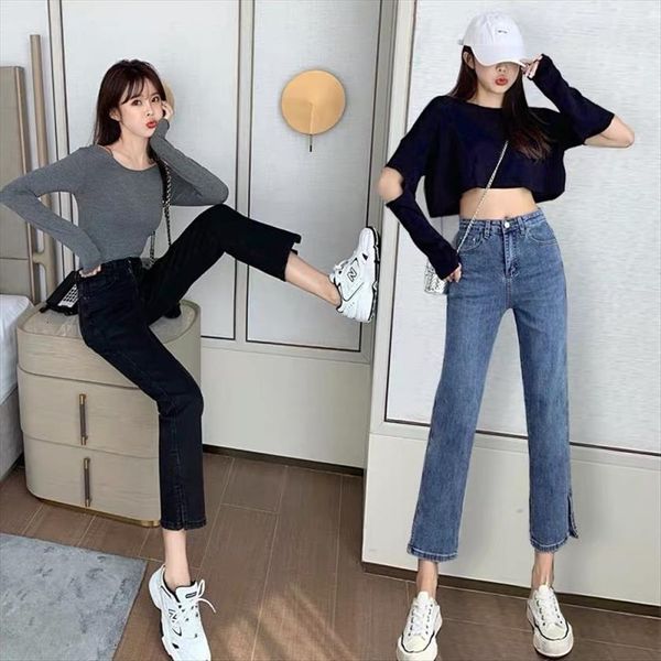 spring and summer high waist women jeans slimming stretch cropped straight split small pants, Blue
spring and summer high waist women jeans slimming stretch cropped straight split small pants, Blue