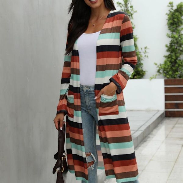 striped cardigans women autumn casual long sleeve female coat ladies patchwork coats outwear women's jackets, Black;brown