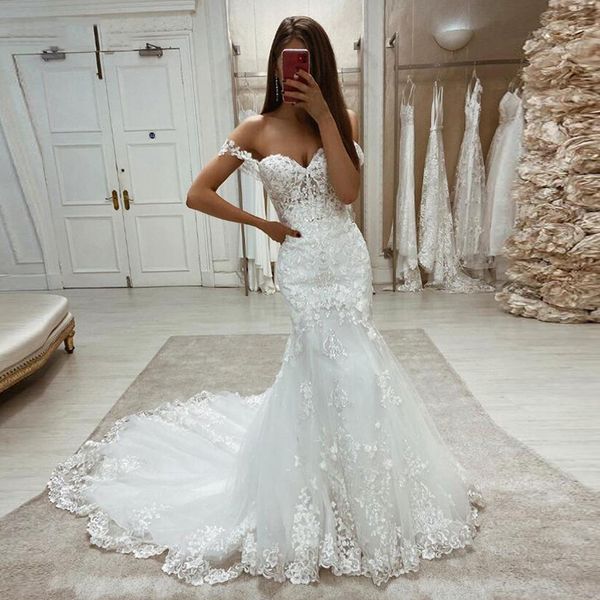 off the shoulder lace mermaid wedding dresses sweetheart appliqued sweep train corset back tulle bridal gowns, White
off the shoulder lace mermaid wedding dresses sweetheart appliqued sweep train corset back tulle bridal gowns, White