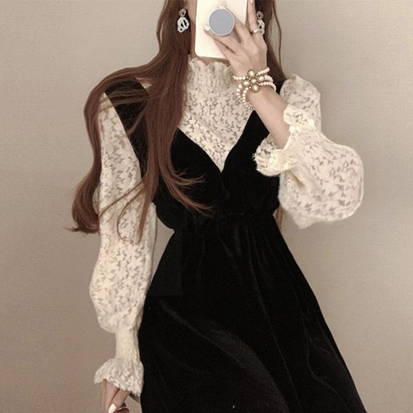 casual dresses korean chic french stand collar lace hook flower dress women flare sleeve splicing fake two-piece vestidos elegant velvet rob, Black;gray
casual dresses korean chic french stand collar lace hook flower dress women flare sleeve splicing fake two-piece vestidos elegant velvet rob, Black;gray