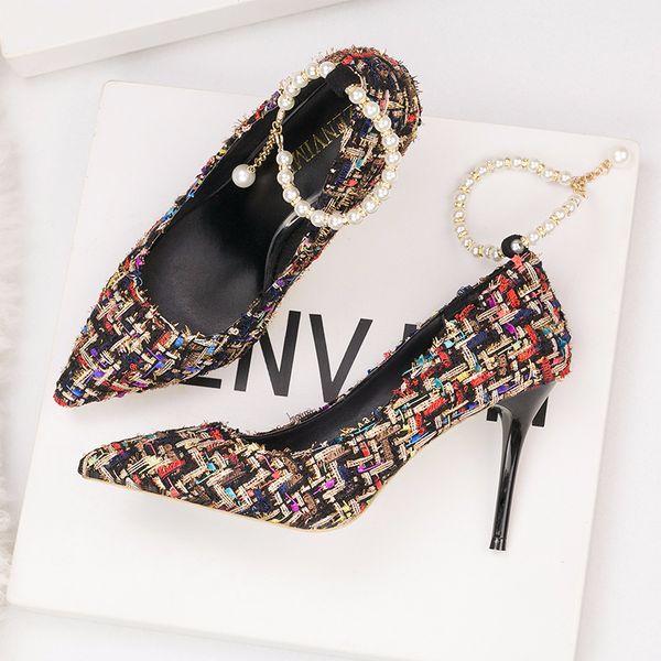 thin high heeled shoes women's shoes thin heeled high heeled pointed fabric pearl chain with single shoe, Black
thin high heeled shoes women's shoes thin heeled high heeled pointed fabric pearl chain with single shoe, Black