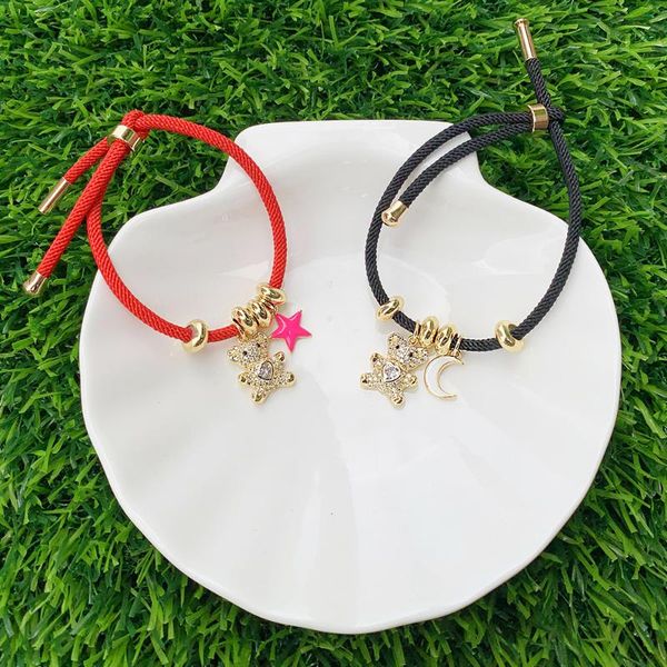 link, chain adjustable string bracelet cz micro pave mini bear enamel moon/heart electroplating pendant, Black
link, chain adjustable string bracelet cz micro pave mini bear enamel moon/heart electroplating pendant, Black