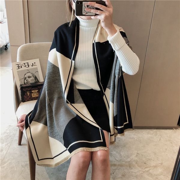 tippet muffler scarf imitation cashmere printed multicolor geometric scarf in autumn and winter women's long thickened warm bib shawl, Blue;gray 
tippet muffler scarf imitation cashmere printed multicolor geometric scarf in autumn and winter women's long thickened warm bib shawl, Blue;gray