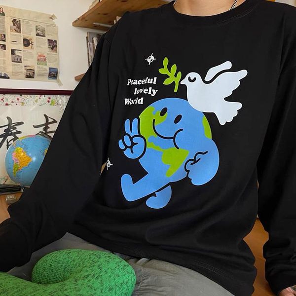 women's t-shirt peaceful lovely world graphic print black long sleeve t shirts loose vintage style crewneck autumn casual cute, White
women's t-shirt peaceful lovely world graphic print black long sleeve t shirts loose vintage style crewneck autumn casual cute, White