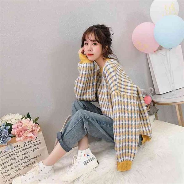 retro wind sweater female ins loose plaid pullover long-sleeved autumn and winter 210427, White;black
retro wind sweater female ins loose plaid pullover long-sleeved autumn and winter 210427, White;black