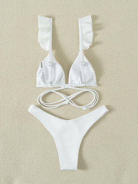 women's swimwear textured ruffle micro triangle bikini swimsuit, White;black