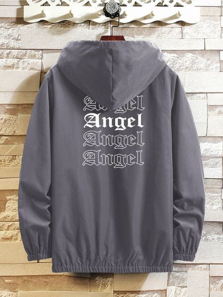 men letter graphic zipper drawstring hooded jacket without tee l3mt#, Black;brown
