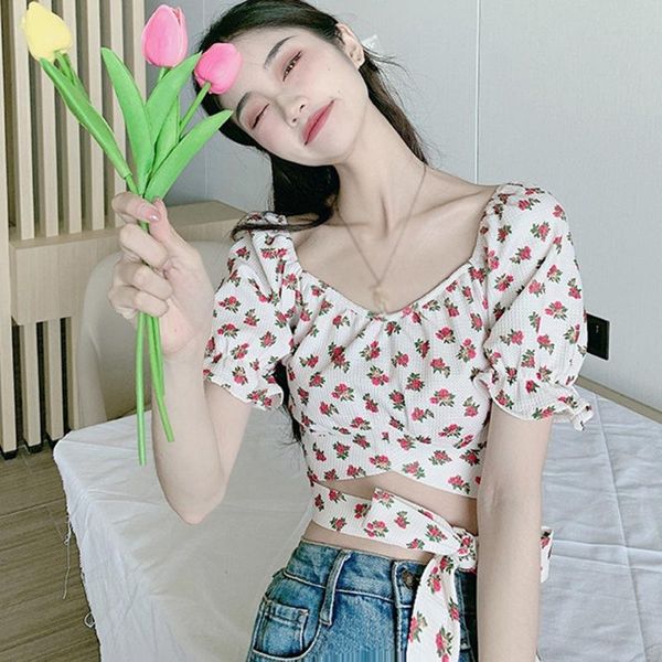 women's t-shirt summer french square collapse flower lock bone high waist women short bubble sleeve strap casual, White
women's t-shirt summer french square collapse flower lock bone high waist women short bubble sleeve strap casual, White