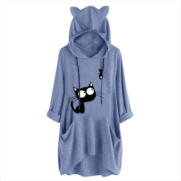 40 cat print cute ear women shirt hooded long sleeves pocket irregular casual spring elegant drawstring, White
40 cat print cute ear women shirt hooded long sleeves pocket irregular casual spring elegant drawstring, White