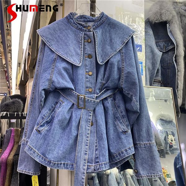 women's jackets doll collar blue denim jacket 2021 spring retro korean fashion woman lace-up waist jean shirt tunics coats, Black;brown
women's jackets doll collar blue denim jacket 2021 spring retro korean fashion woman lace-up waist jean shirt tunics coats, Black;brown