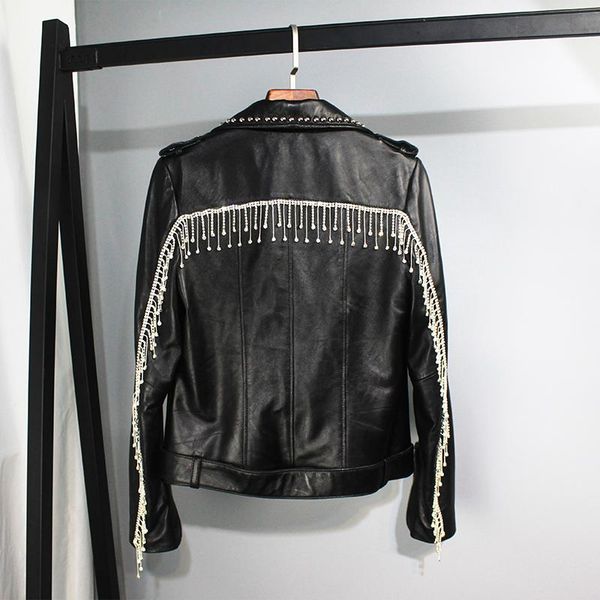 women's leather & faux genuine jacket women punk luxury rivet tassel bling crystal sparkly coat real sheepskin motorcycle biker jackets, Black
women's leather & faux genuine jacket women punk luxury rivet tassel bling crystal sparkly coat real sheepskin motorcycle biker jackets, Black